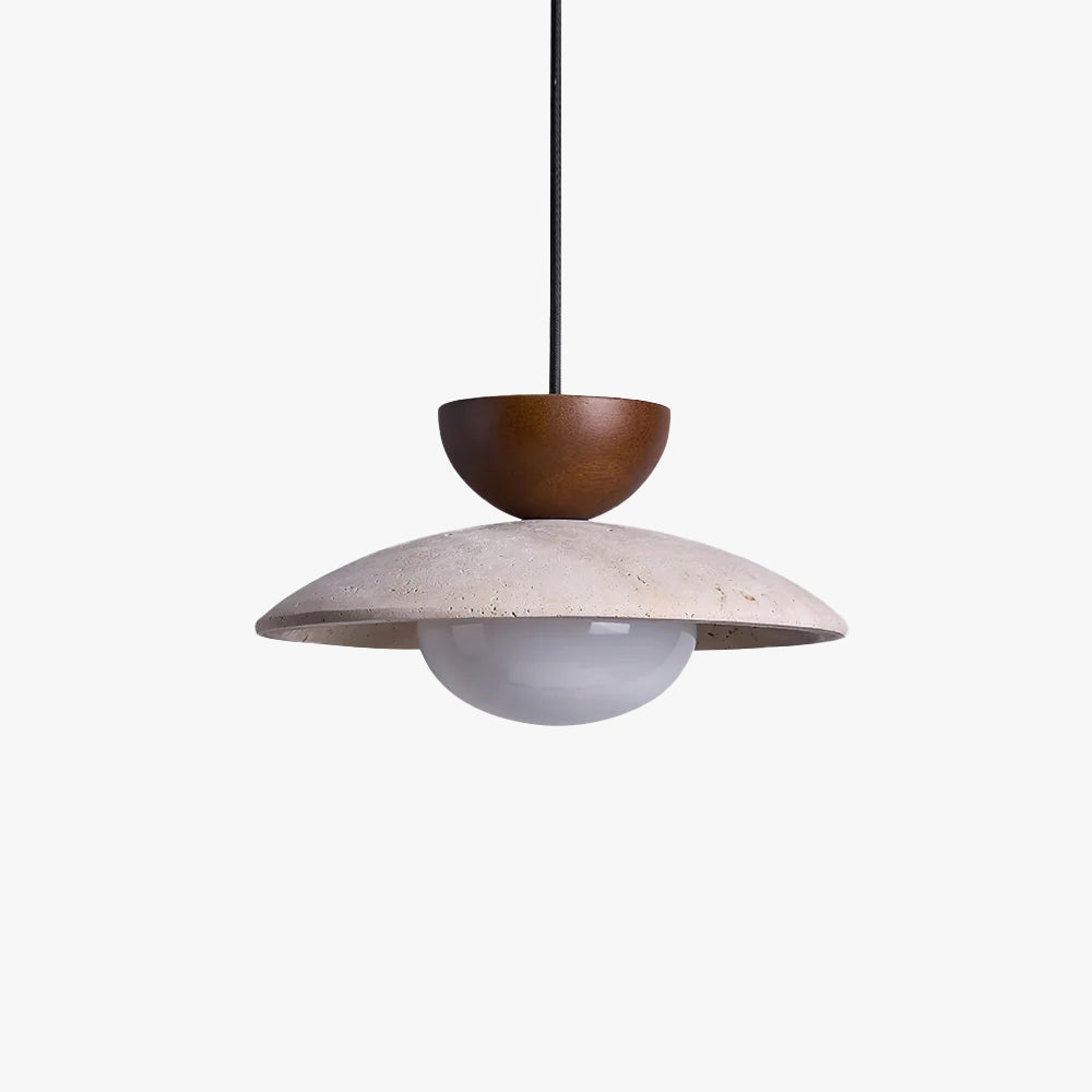 Elegant modern pendant light with natural wood and travertine stone shade, ideal for dining rooms.