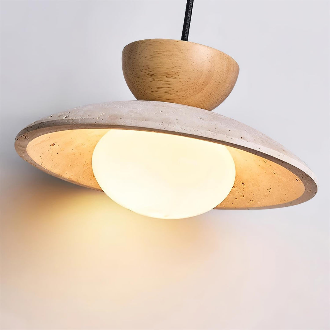 Designer pendant light: Modern wood & travertine construction with a delicate glass element, for stylish interiors.
