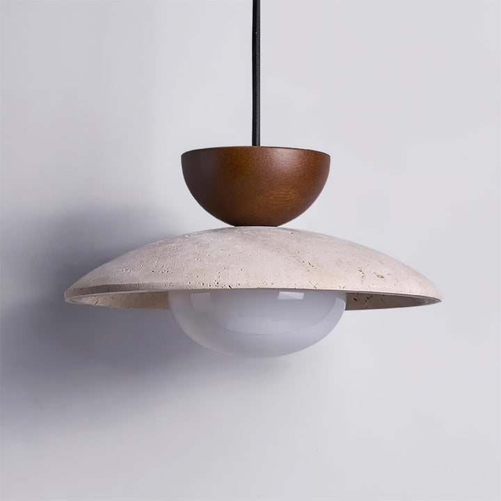Wood and travertine hanging lamp for dining areas, offering elegant lighting and a touch of nature.