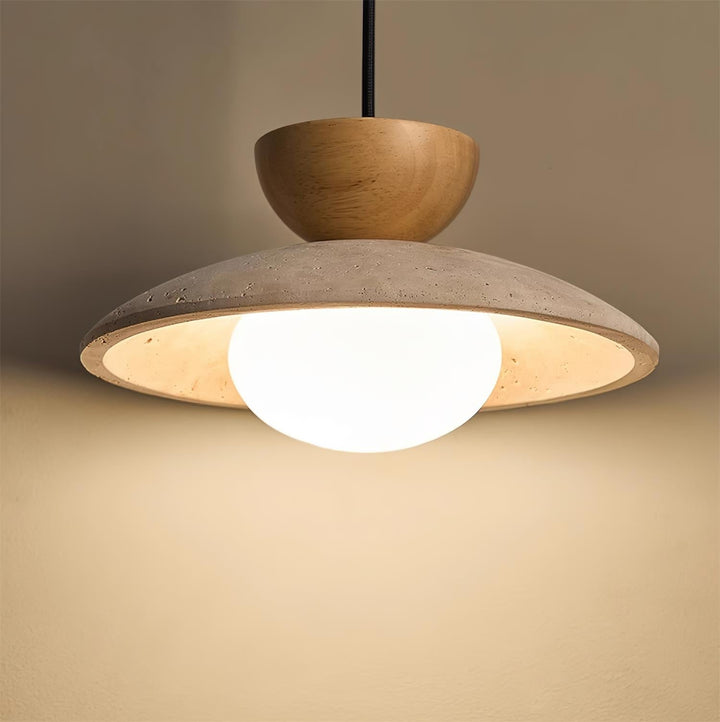 Adjustable pendant light featuring premium wood and travertine, enhancing modern living room decor.