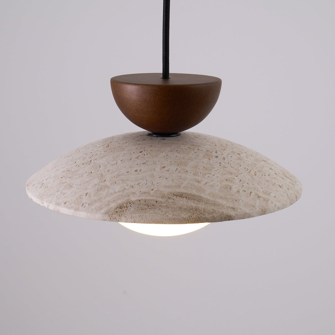 Elegant Wood & Travertine Pendant Light, a natural materials ceiling fixture providing soft, warm illumination.
