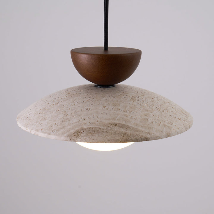 Elegant Wood & Travertine Pendant Light, a natural materials ceiling fixture providing soft, warm illumination.