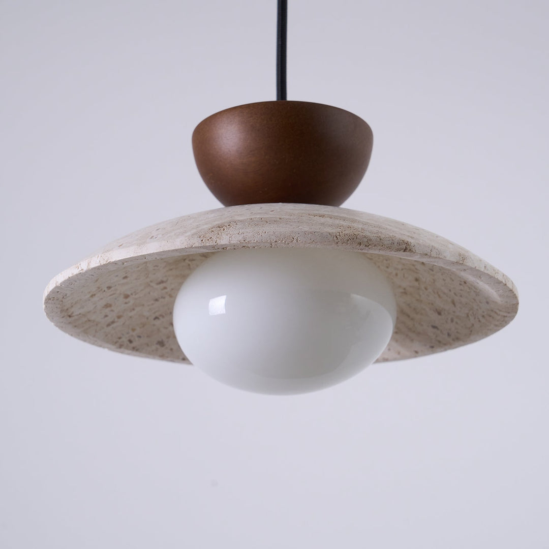 Travertine stone and natural wood pendant lamp, casting a warm light; ideal for modern and natural aesthetics.