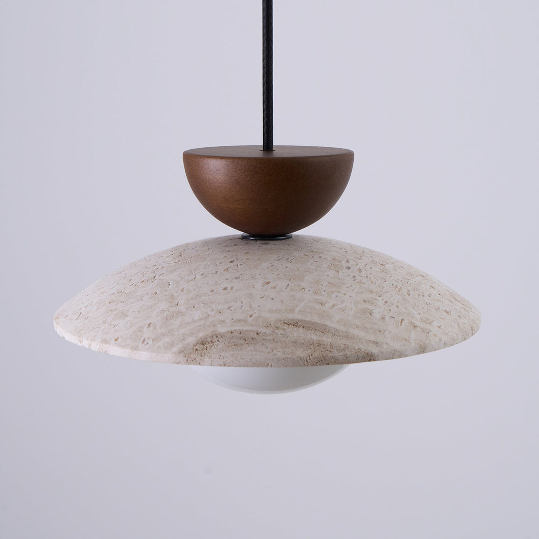 Distinctive ceiling light fixture: Wood, travertine, and glass pendant, bringing elegance to any room.