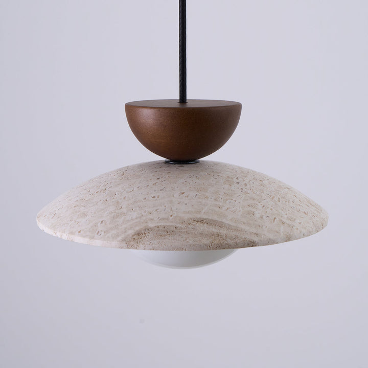 Distinctive ceiling light fixture: Wood, travertine, and glass pendant, bringing elegance to any room.