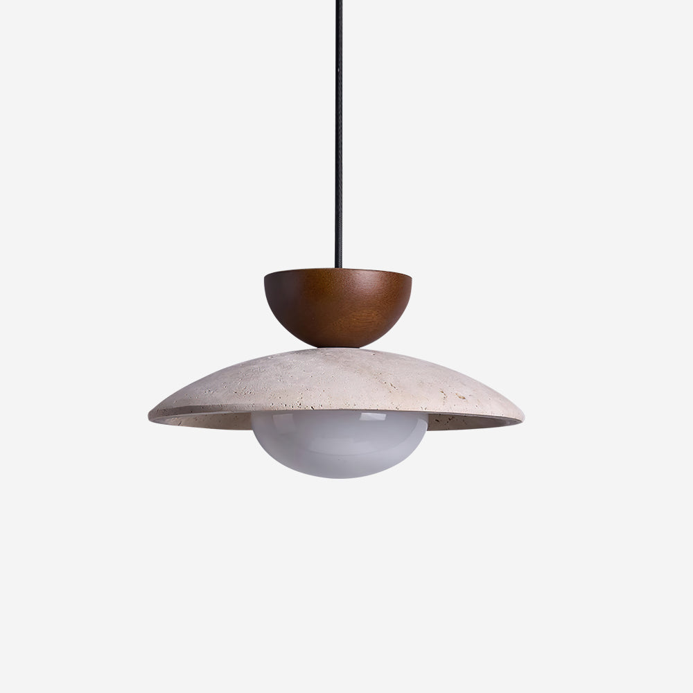 Hanging lamp for dining rooms: Elegant wood and travertine design, providing ambient warm light.