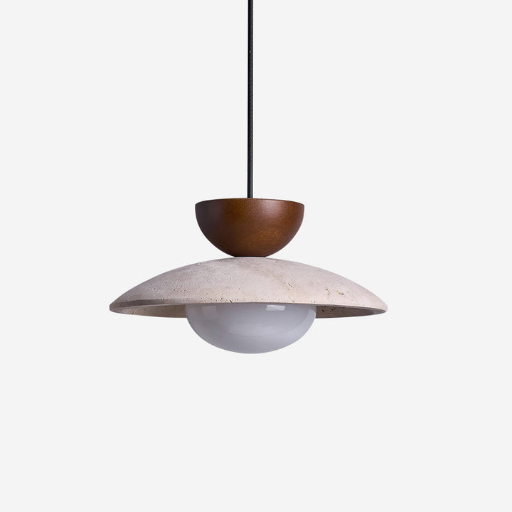 Hanging lamp for dining rooms: Elegant wood and travertine design, providing ambient warm light.