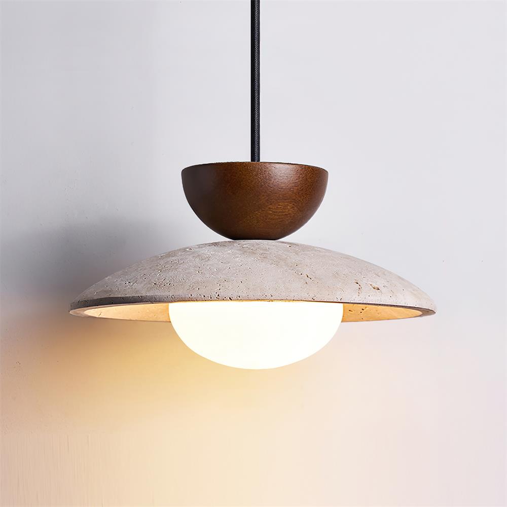 Upscale home decor pendant: Wood, travertine, and glass elements for a warm and inviting living space.