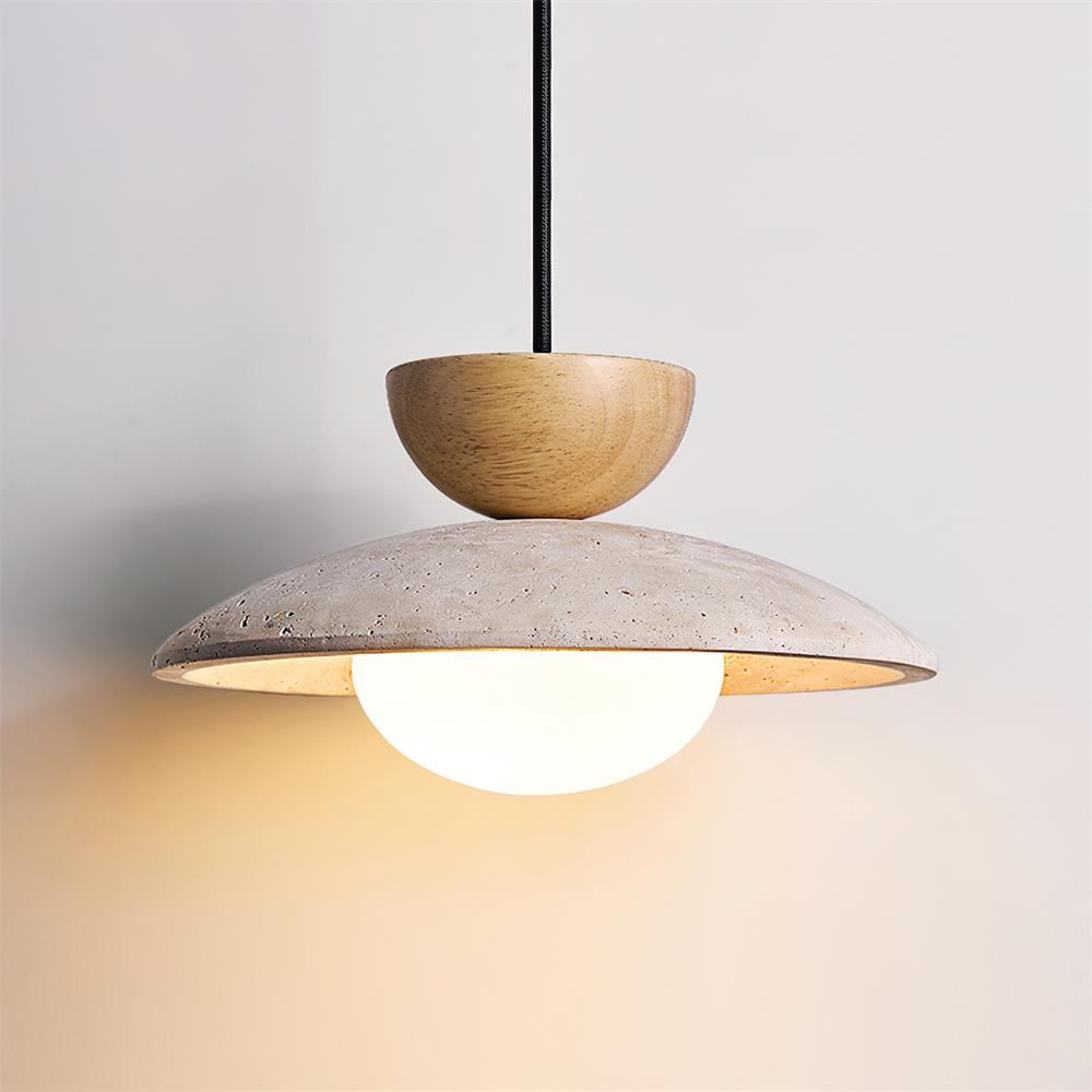 Natural materials pendant light: Elegant wood top, travertine body, and glass diffuser for a warm glow.