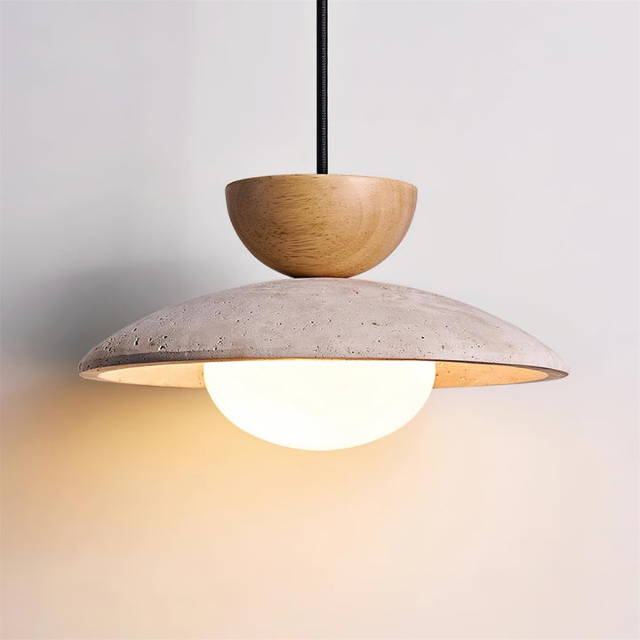 Beautiful ceiling fixture: Elegant wood and genuine travertine pendant light providing warm, inviting light.
