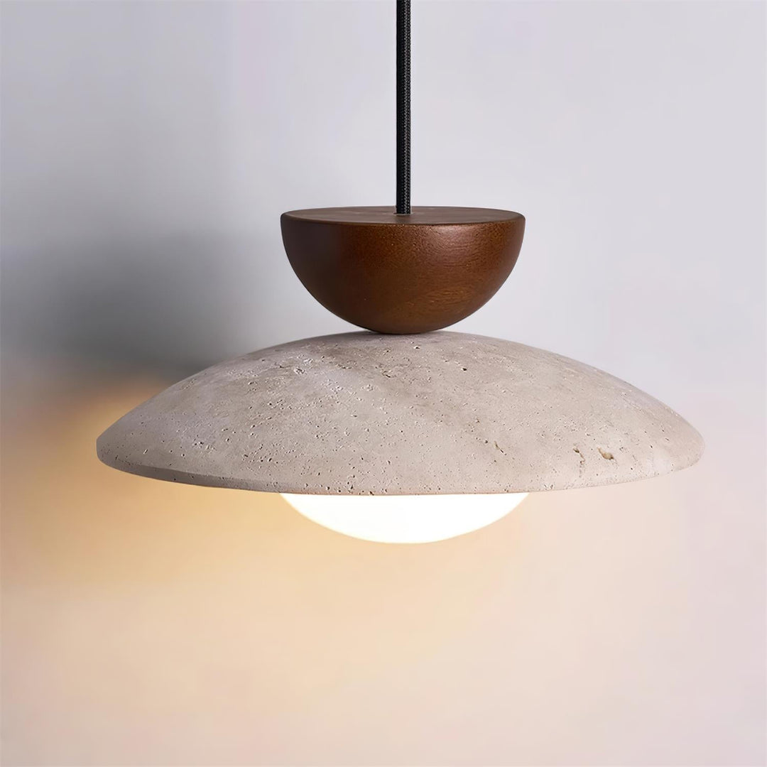 Contemporary pendant lamp with a natural aesthetic, showcasing wood grain and travertine stone patterns.