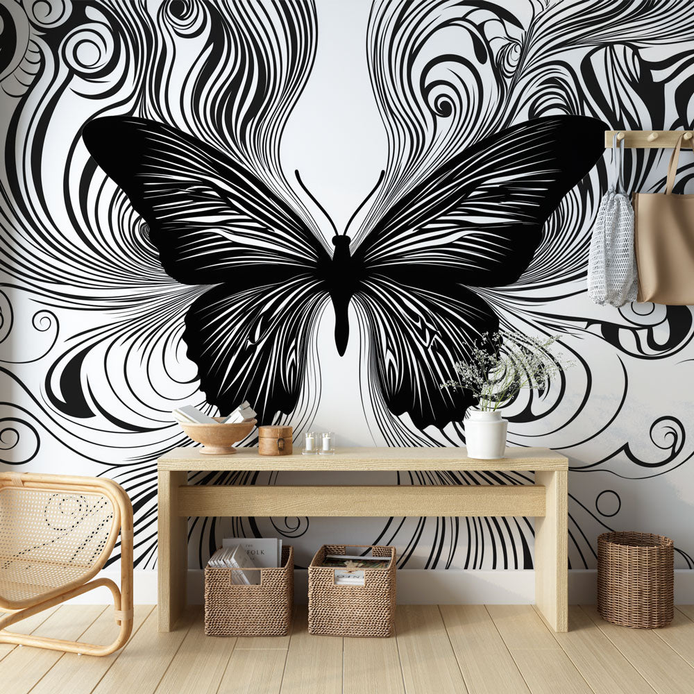 Elegant monochrome butterfly wall mural, abstract black & white line art wallpaper for modern home decor.