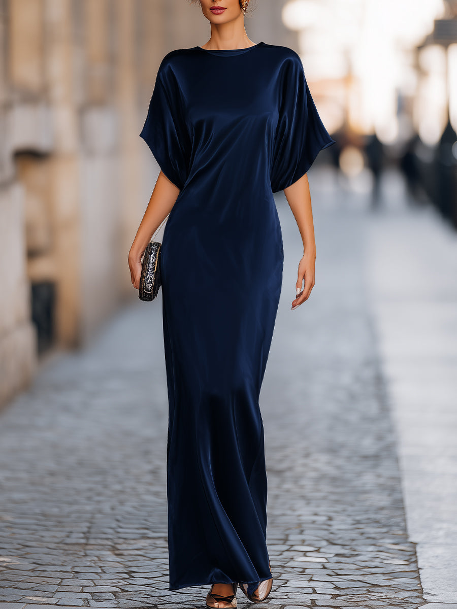 Women's navy blue batwing sleeve maxi dress, an elegant long evening dress for wedding guests & parties.