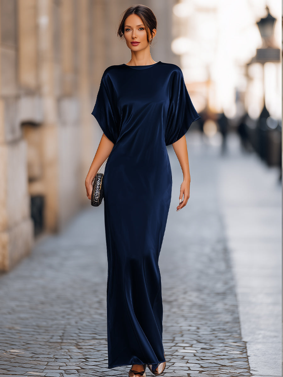 Formal women's column silhouette navy blue maxi dress with elegant batwing sleeves, ideal for special occasions.
