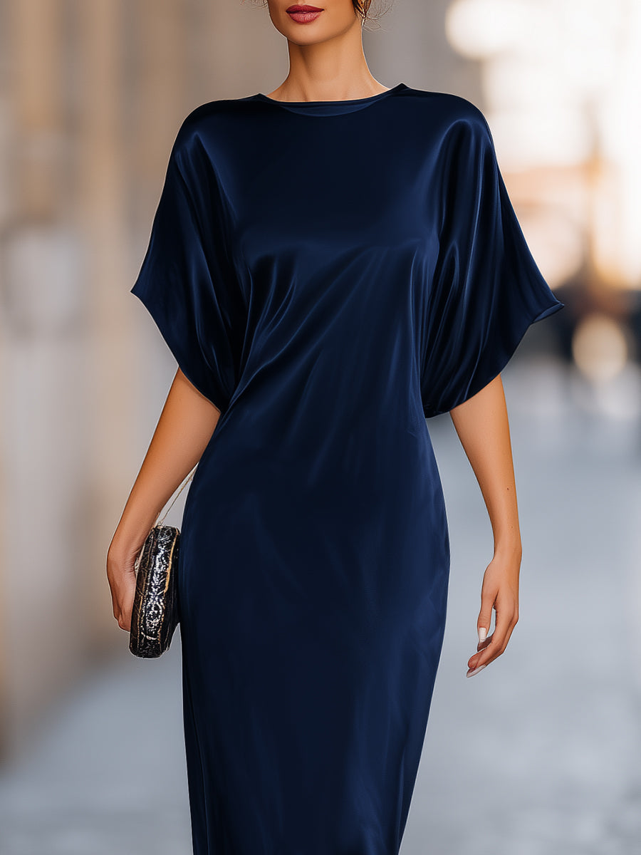 Chic navy blue maxi dress for women, featuring elegant batwing sleeves. Perfect long formal gown for wedding guests.