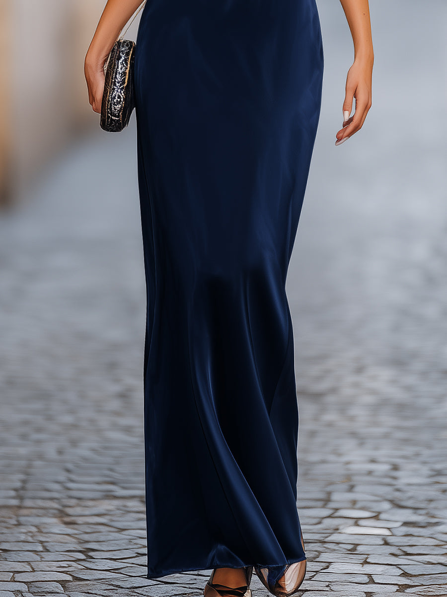 Stunning navy blue long dress for women, elegant batwing sleeve maxi, ideal for evening events & wedding guests.