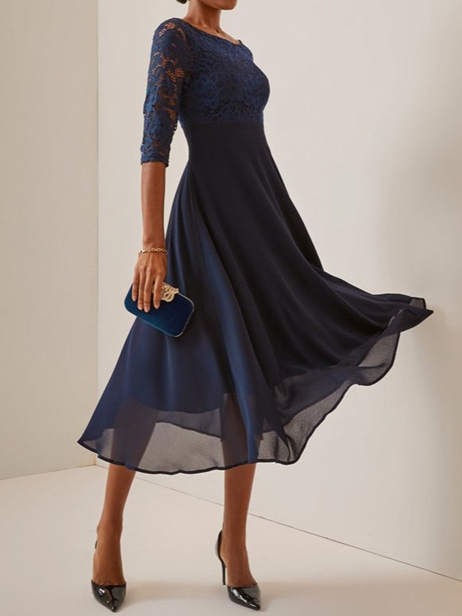 Elegant navy blue lace midi dress for women, perfect for formal events & special occasions. Flattering & sophisticated.
