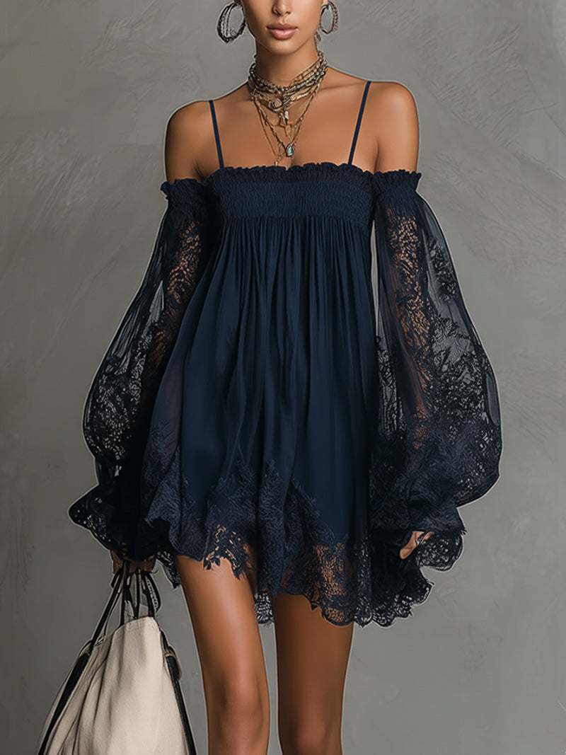 Elegant navy blue off-shoulder women's A-line dress, perfect for evening parties & formal events. Summer fashion.