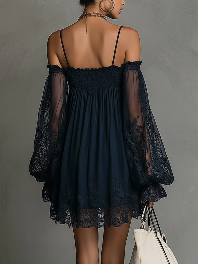 Feminine off-shoulder navy blue party dress for women. Stylish A-line evening gown, ideal for formal summer events.