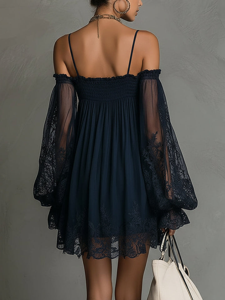 Feminine off-shoulder navy blue party dress for women. Stylish A-line evening gown, ideal for formal summer events.