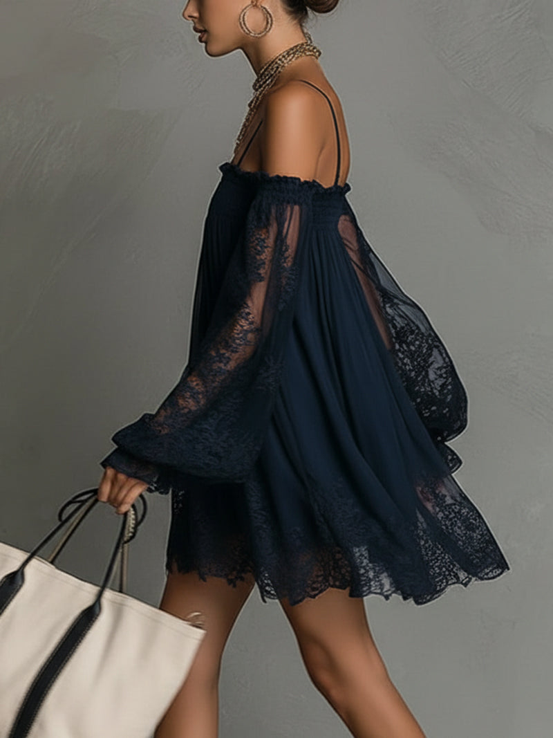 Stylish women's off-shoulder navy A-line dress. Elegant apparel for parties, evening wear, or summer formal events.