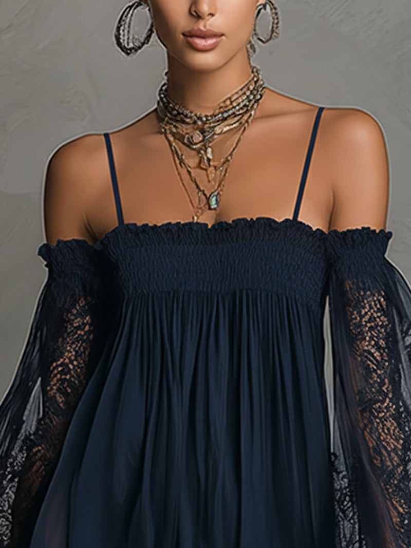 Chic navy blue off-shoulder dress for women, featuring an elegant A-line silhouette. Ideal for parties & formal wear.