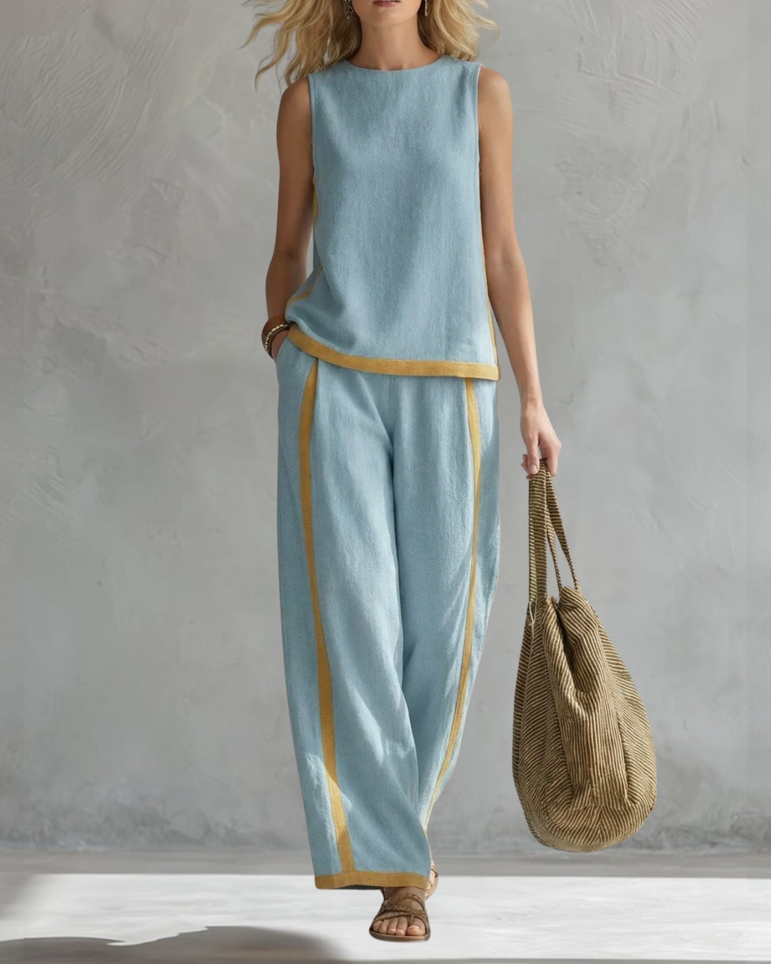 Stylish two-piece women's outfit: sleeveless top with relaxed wide leg trousers. Great for smart casual or work.
