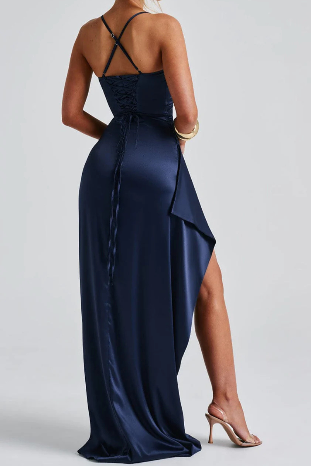 Stunning long navy blue ruched maxi dress for women, ideal for formal events, parties, or special occasions.