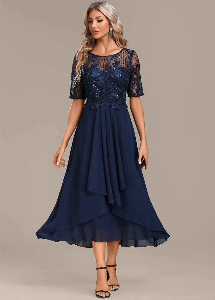 Elegant navy lace midi dress for women, chic short sleeve party & occasion wear.