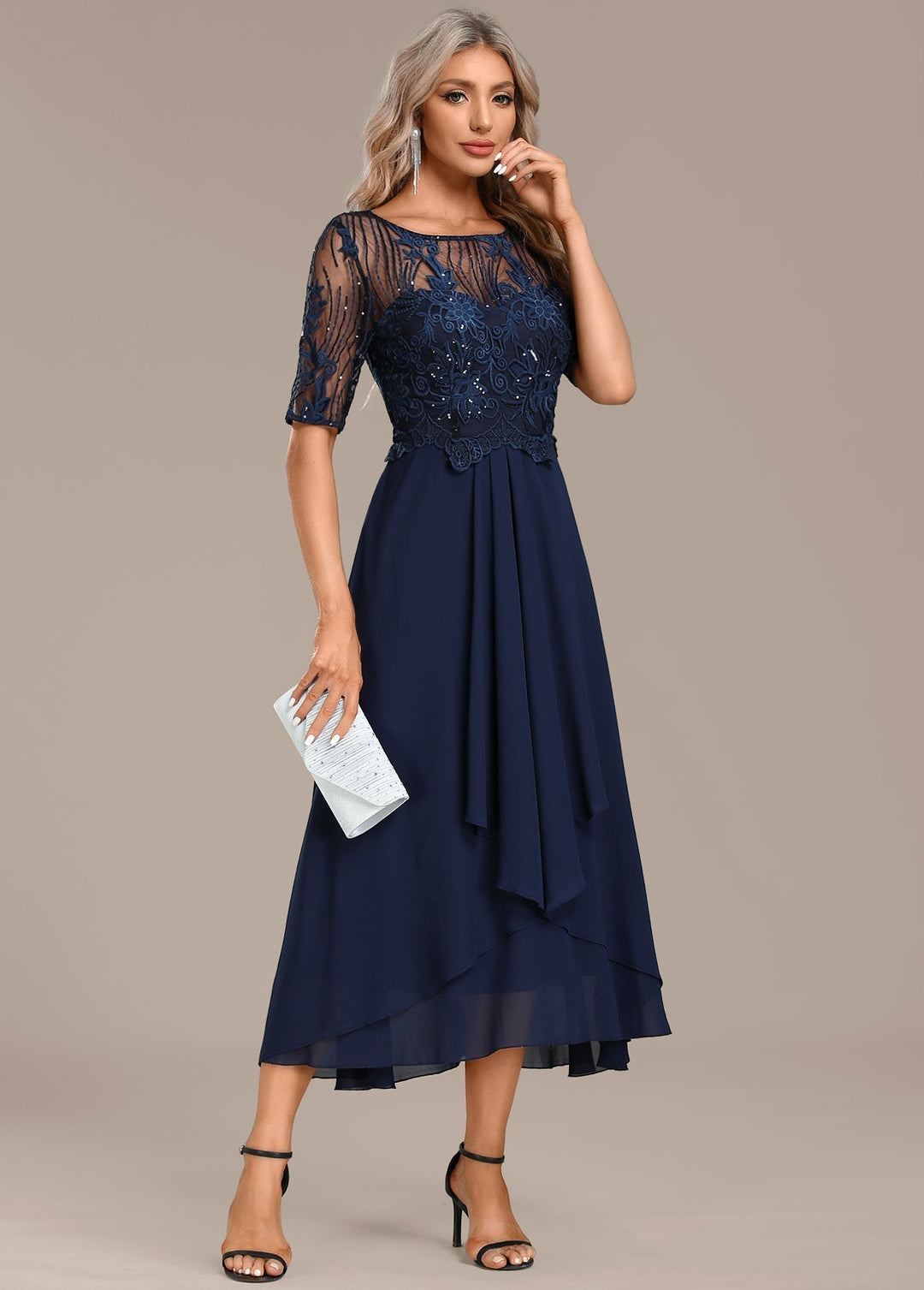 Chic navy lace midi dress for women, elegant short sleeve party or formal event attire.