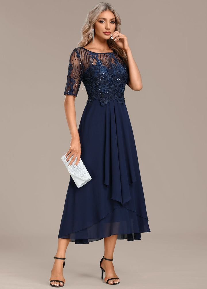 Chic navy lace midi dress for women, elegant short sleeve party or formal event attire.