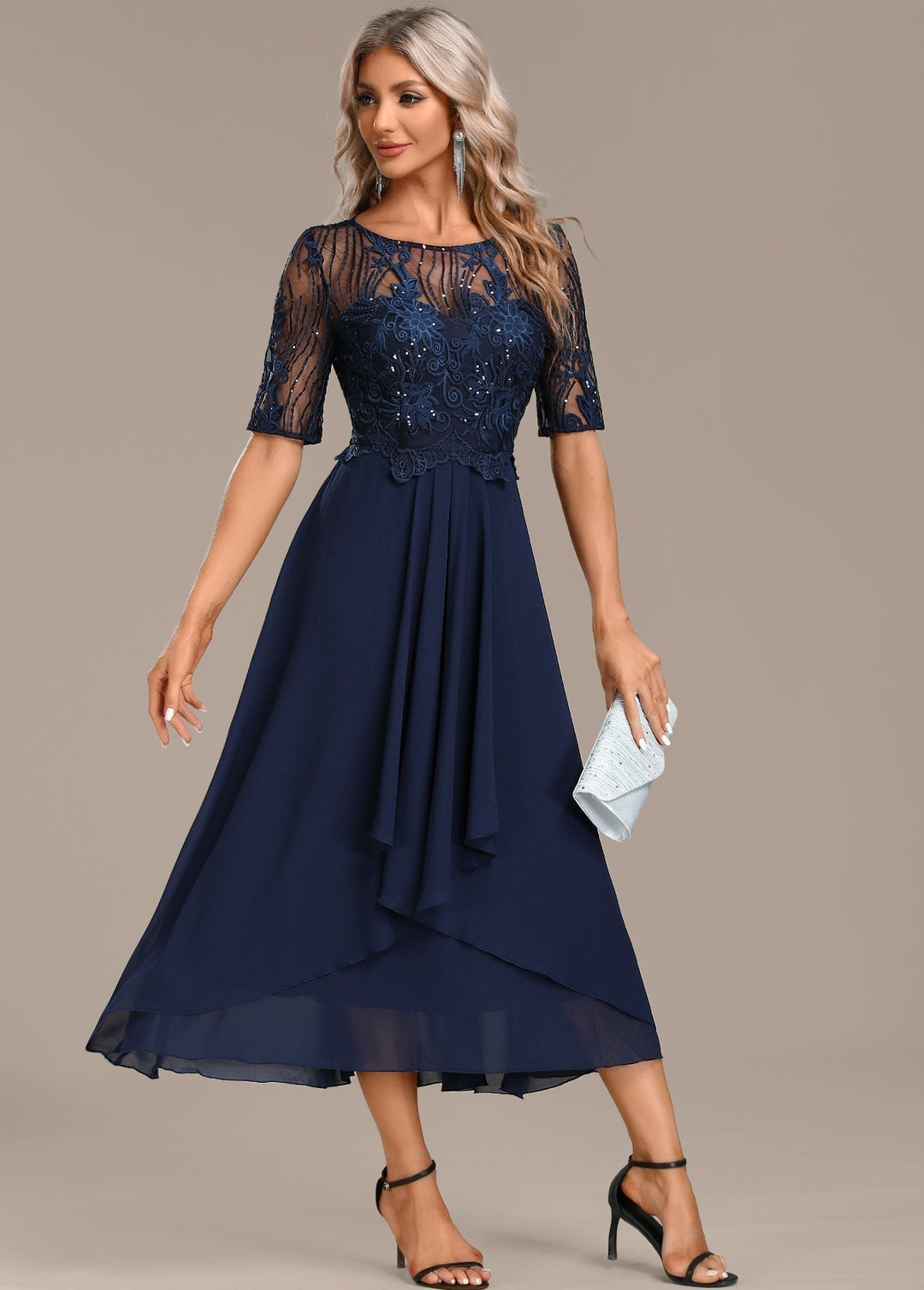 Round neck navy lace midi dress for women, elegant short sleeve design, ideal for parties & formal wear.