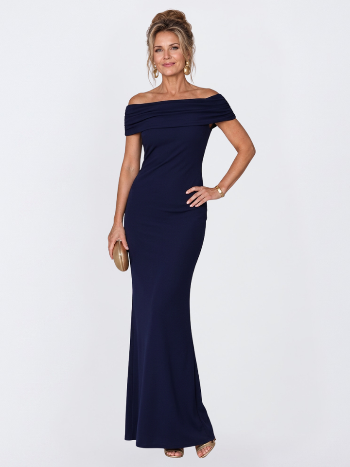 Elegant navy off-shoulder bodycon maxi dress for women, perfect for formal evening parties and special occasions.