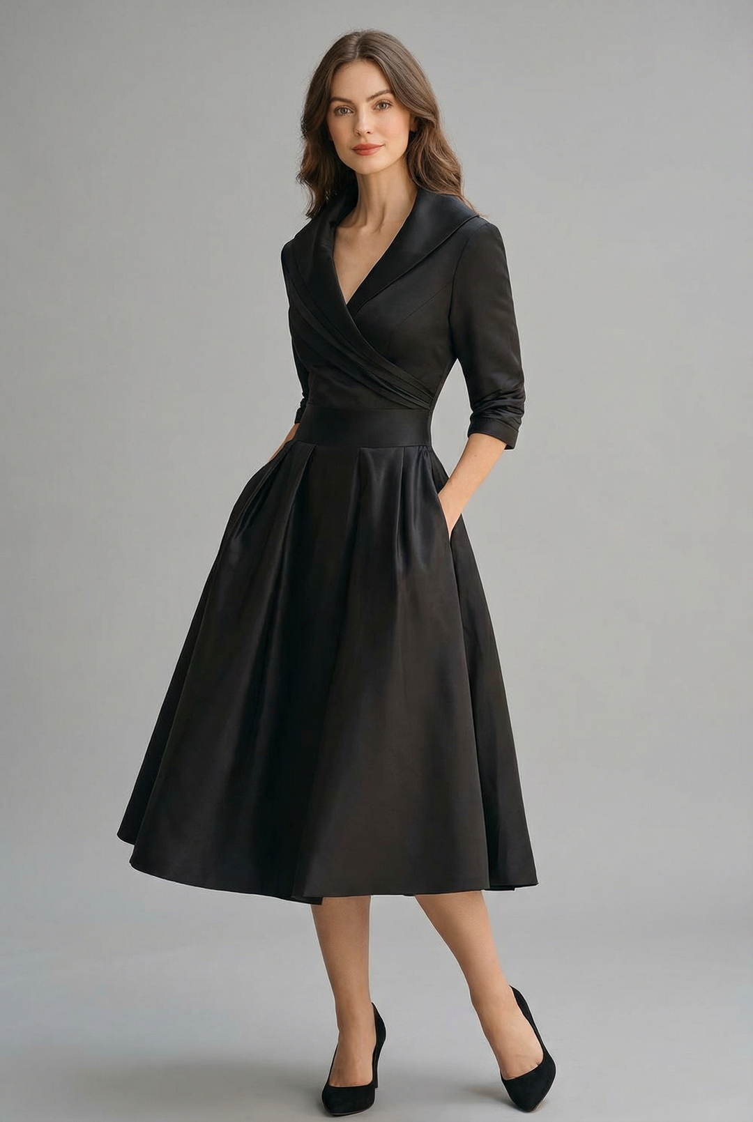Versatile A-line midi dress with a classic wrap design and elegant silhouette.