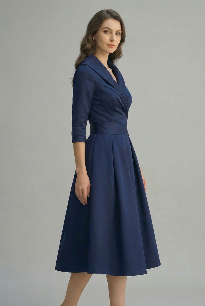 Stylish womens fashion: a sophisticated wrap midi dress with a flared hem.