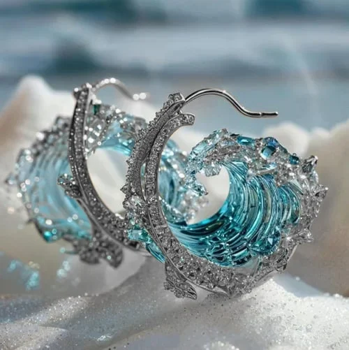 Handcrafted ocean blue metal drop earrings for women, showcasing a sophisticated and elegant design. A must-have piece of statement jewelry.