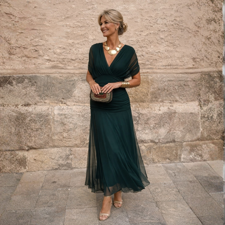 Elegant off-shoulder maxi dress for women, perfect for summer vacations. Flowy & stylish.