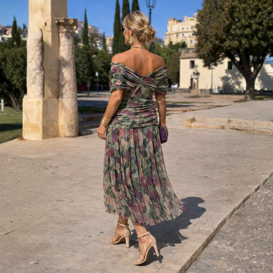 Chic off-shoulder maxi dress for women. Elegant, flowy, and comfortable long summer dress style.