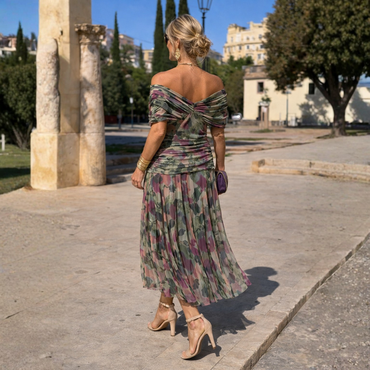 Chic off-shoulder maxi dress for women. Elegant, flowy, and comfortable long summer dress style.