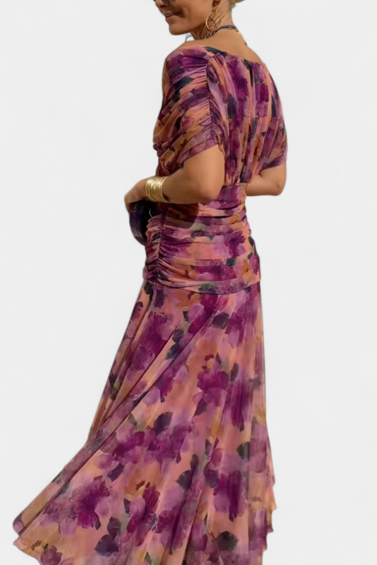 Flattering off-shoulder ruched maxi dress, elegant and perfect for women's special occasions.
