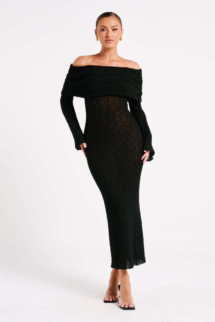 Timeless women's off-shoulder maxi dress, elegant long sleeve for sophisticated formal wear.