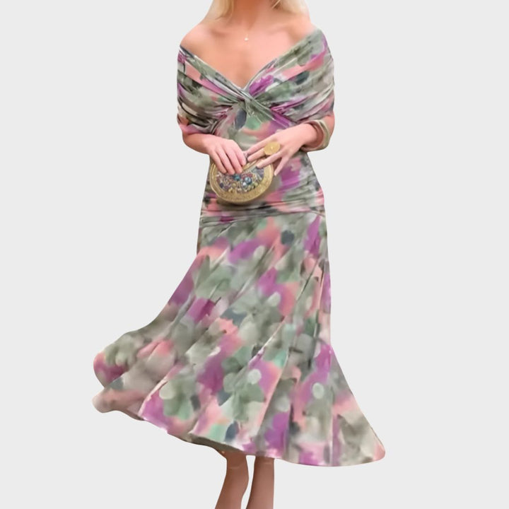 Elegant off-shoulder maxi dress for women, perfect for evening parties & formal occasions.