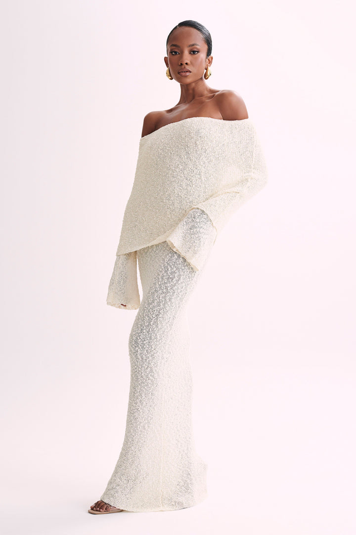 Grey textured off-shoulder maxi dress, feminine & sophisticated for formal events.