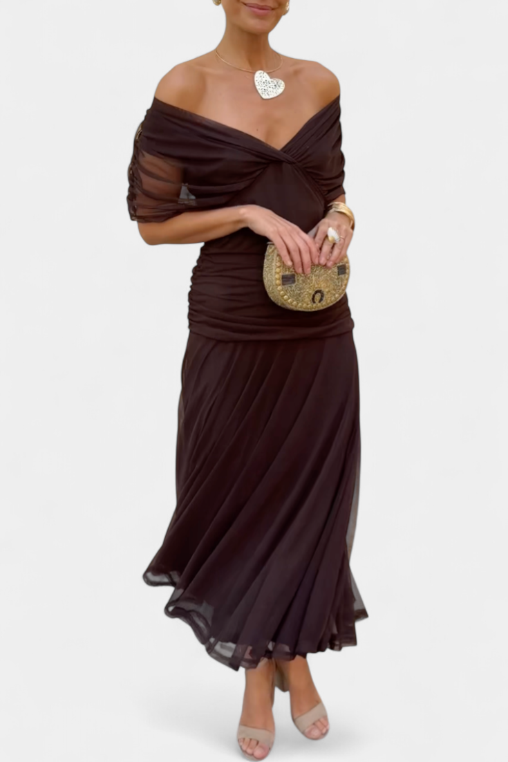 Stylish off-shoulder party dress for women, a long elegant design for evening events.