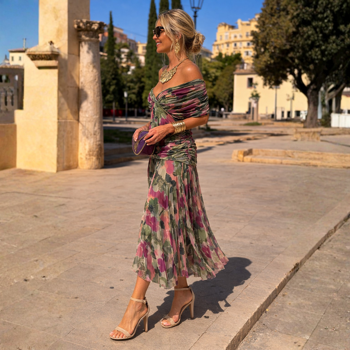 Long off-shoulder summer maxi dress for women, ideal for elegant events or comfortable vacation wear.