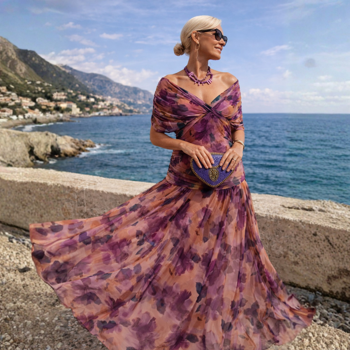 Graceful off-shoulder women's maxi dress, long & flowy for elegant summer style and comfort.