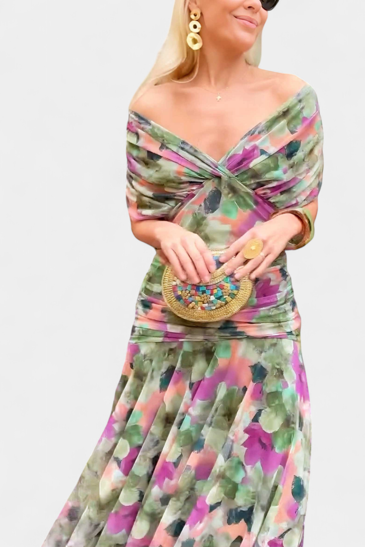 Women's formal off-shoulder long dress, gracefully flowing, perfect for gala events.