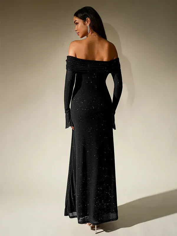Women's long sleeve off-shoulder maxi dress, a stunning choice for evening occasions.
