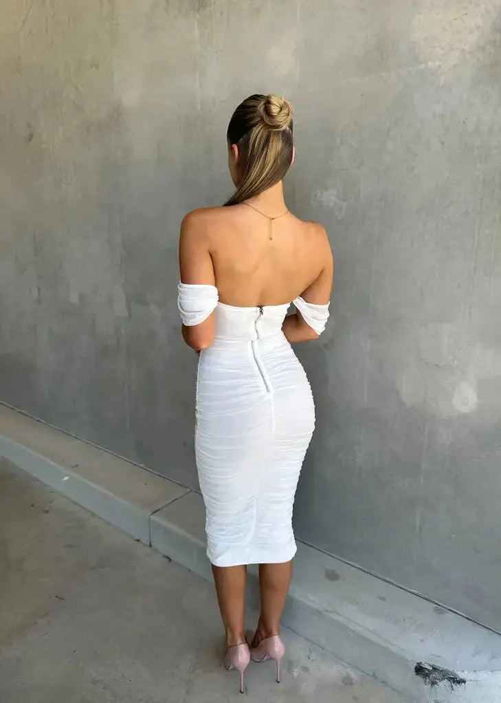 Women's off-shoulder bodycon midi dress. Elegant fitted party dress, perfect for evening wear & cocktails.
