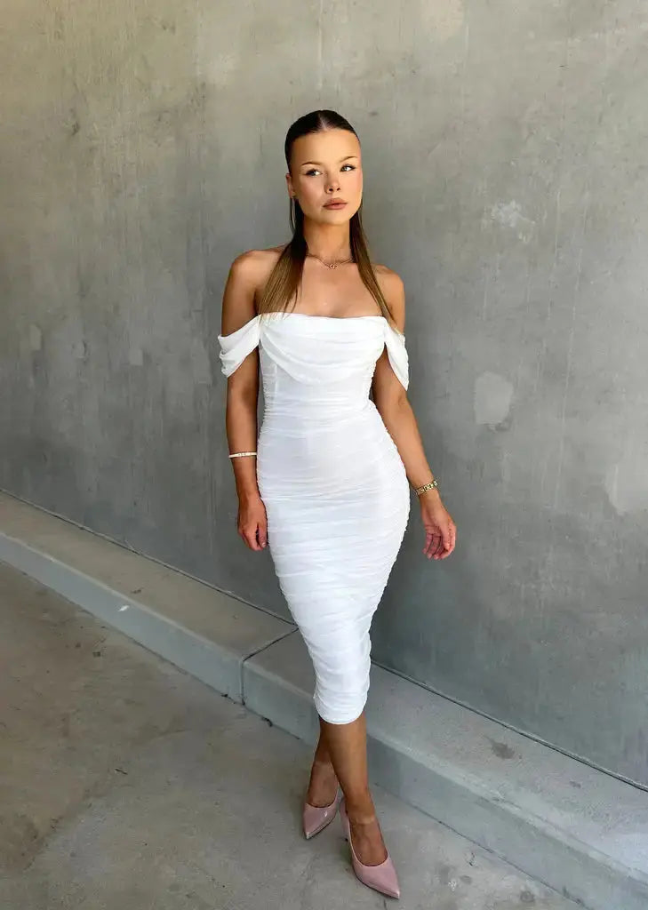 Stylish women's off-shoulder midi bodycon dress. An elegant party or evening gown with a flattering silhouette.